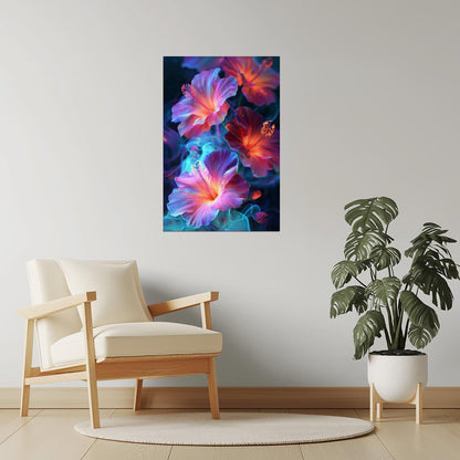 Radiant Hibiscus Blooms | Ethereal Fantasy Art | Wall Art Print Poster