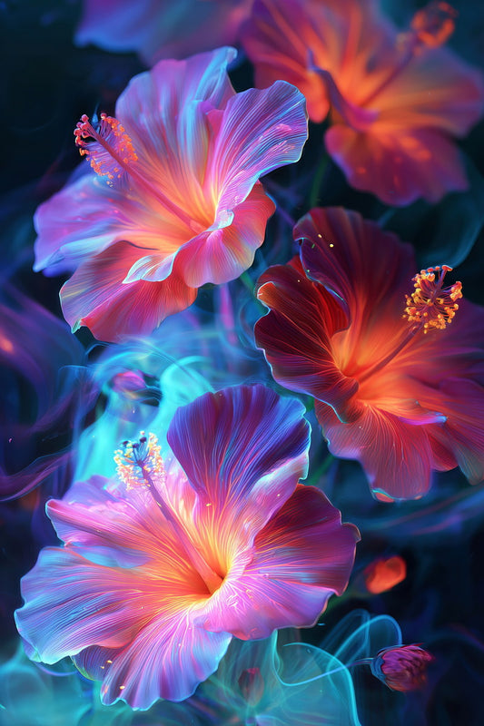 Radiant Hibiscus Blooms | Ethereal Fantasy Art | Wall Art Print Poster
