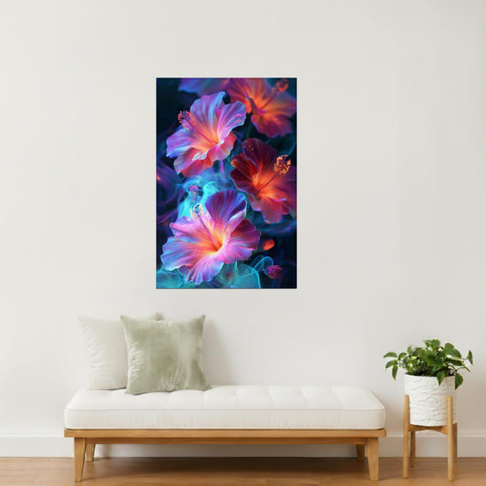 Radiant Hibiscus Blooms | Ethereal Fantasy Art | Wall Art Print Poster