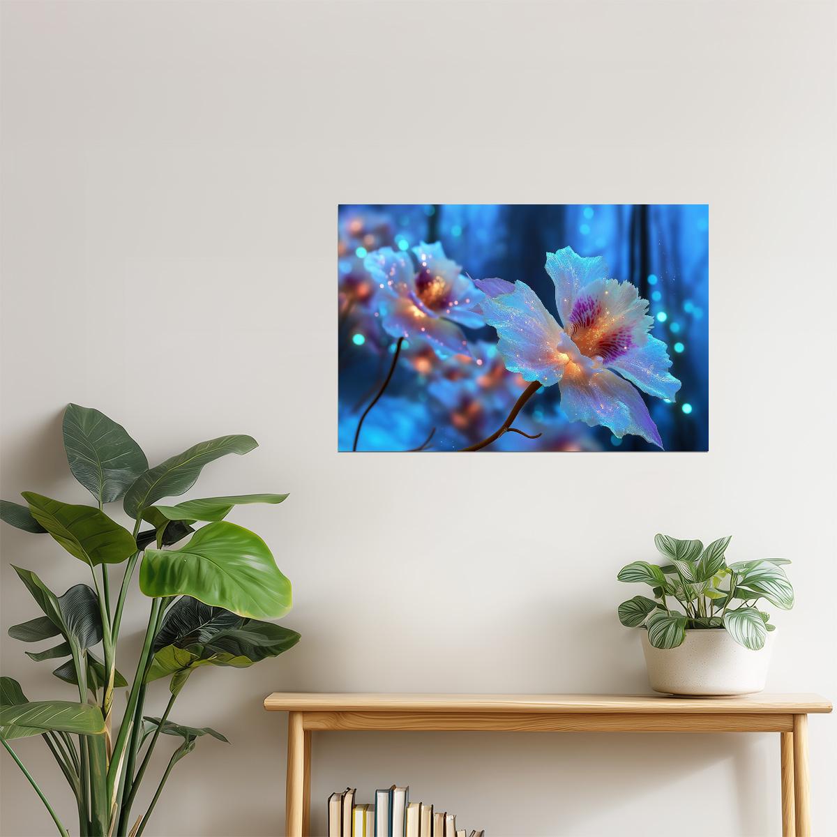 Luminous Blue Flowers | Celestial Otherworldly Art | Wall Art Print Poster