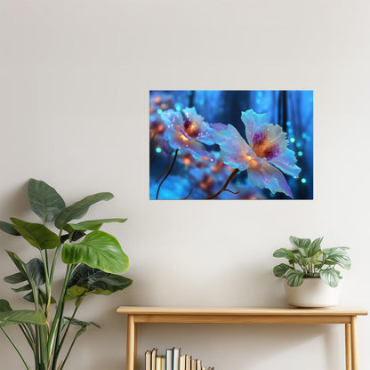 Luminous Blue Flowers | Celestial Otherworldly Art | Wall Art Print Poster
