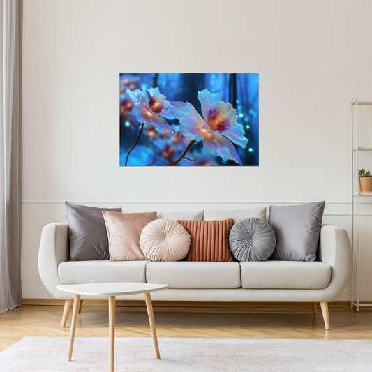 Luminous Blue Flowers | Celestial Otherworldly Art | Wall Art Print Poster