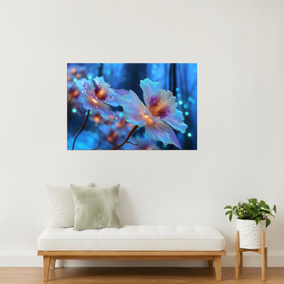 Luminous Blue Flowers | Celestial Otherworldly Art | Wall Art Print Poster