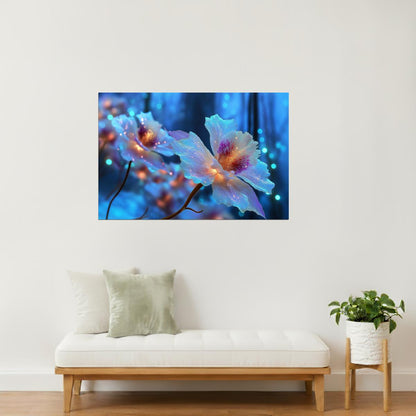 Luminous Blue Flowers | Celestial Otherworldly Art | Wall Art Print Poster