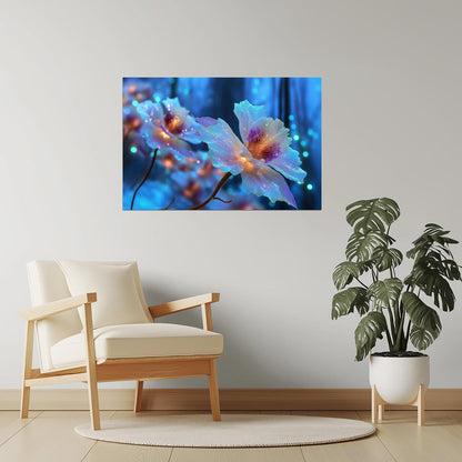 Luminous Blue Flowers | Celestial Otherworldly Art | Wall Art Print Poster