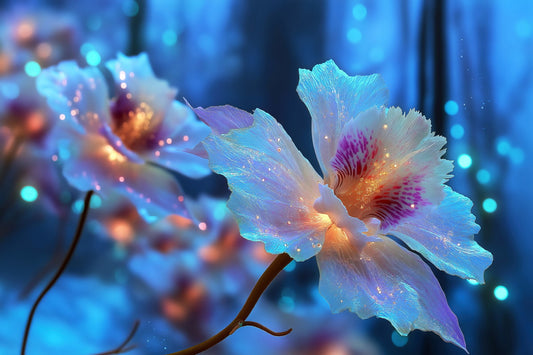 Luminous Blue Flowers | Celestial Otherworldly Art | Wall Art Print Poster