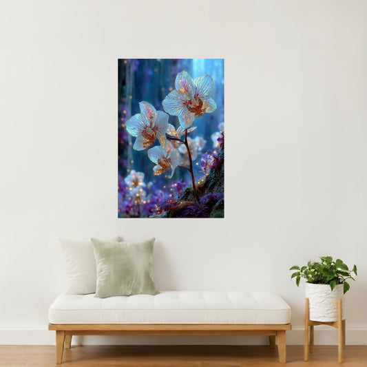 Glowing Orchid Duo | Mystical Botanical Surrealism | Wall Decor Poster
