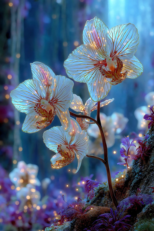 Glowing Orchid Duo | Mystical Botanical Surrealism | Wall Decor Poster