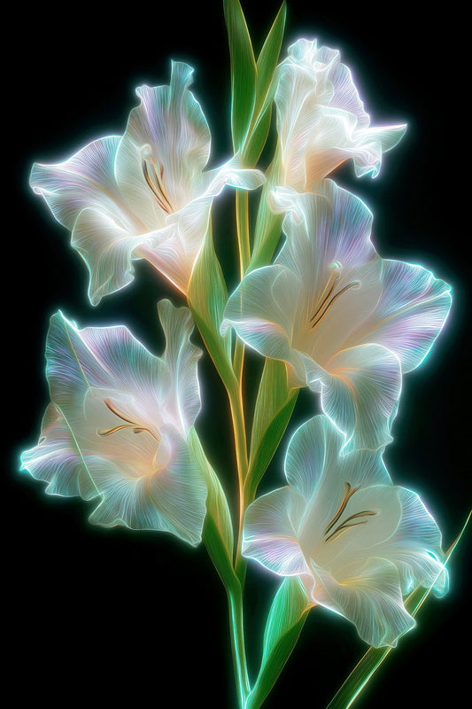 Luminous Gladiolus Cluster | Ethereal Floral Surrealism | Wall Art Print Poster