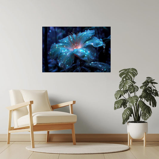 Glowing Blue Lily | Serene Fantasy Aesthetic | Wall Art Print Poster
