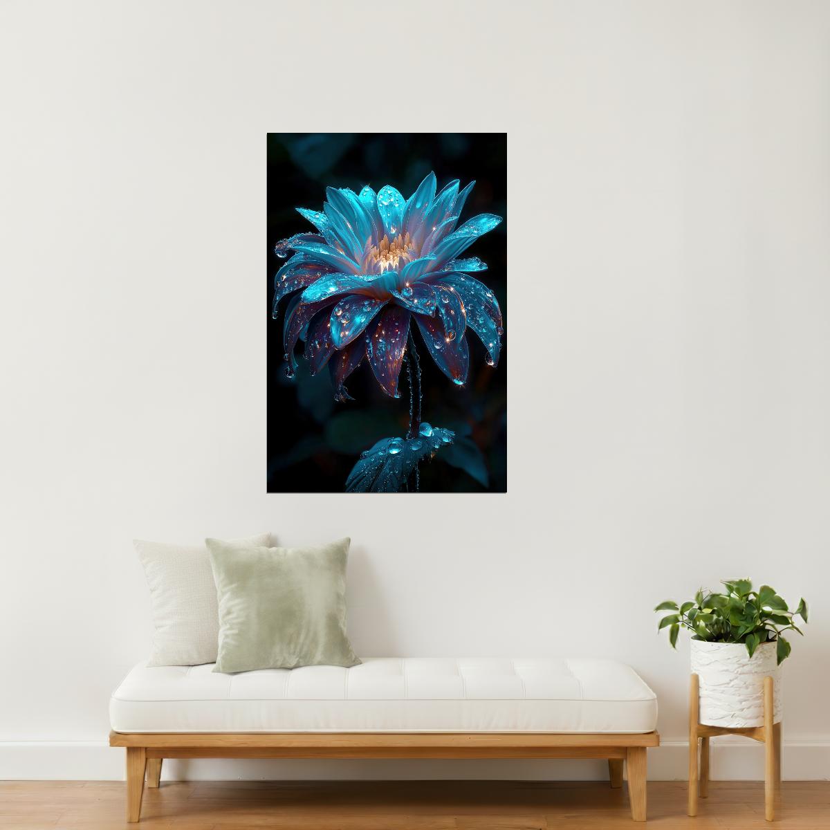 Luminous Teal Flower | Ethereal Botanical Aesthetic | Wall Decor Poster