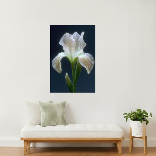 Glowing White Iris | Ethereal Botanical Surrealism | Wall Art Print Poster