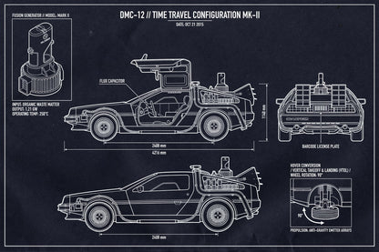 DeLorean Time Machine Mark II | Back to the Future Poster | Flying Car Blueprint - Movies & TV Poster