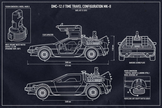 DeLorean Time Machine Mark II | Back to the Future Poster | Flying Car Blueprint - Movies & TV Poster