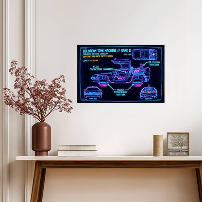 DeLorean Time Machine Mark II | Back to the Future Poster | Neon Synthwave Blueprint - Movies & TV Poster