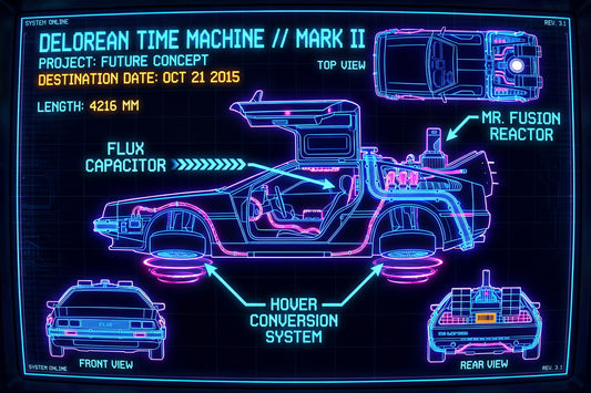 DeLorean Time Machine Mark II | Back to the Future Poster | Neon Synthwave Blueprint - Movies & TV Poster