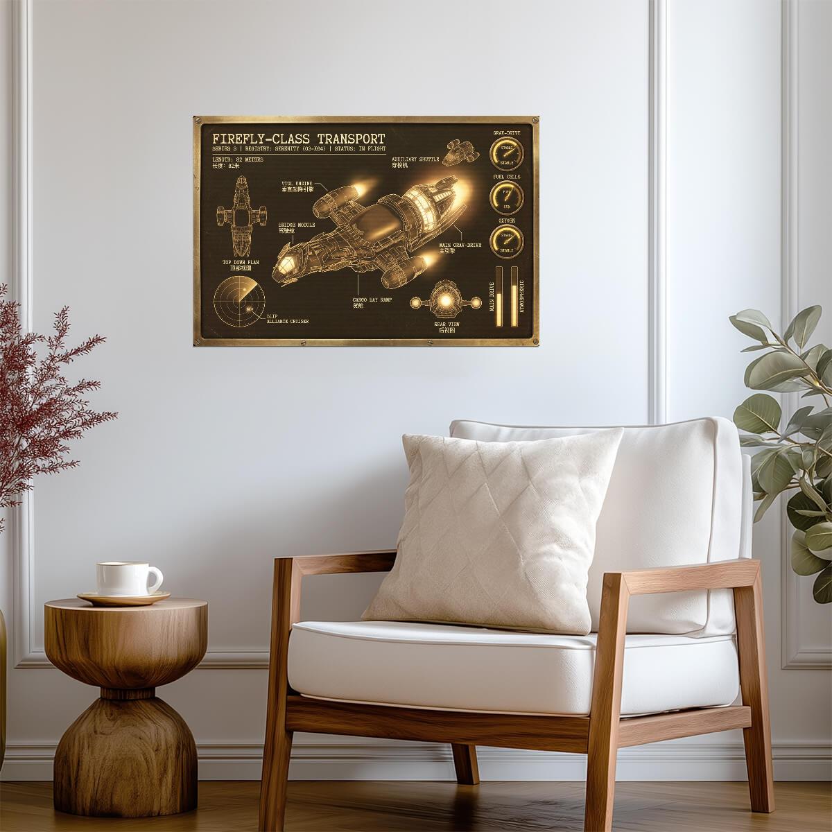 Serenity Firefly Class Transport | Sci-Fi TV Show Poster | Dark Schematic Blueprint - Movies & TV Poster