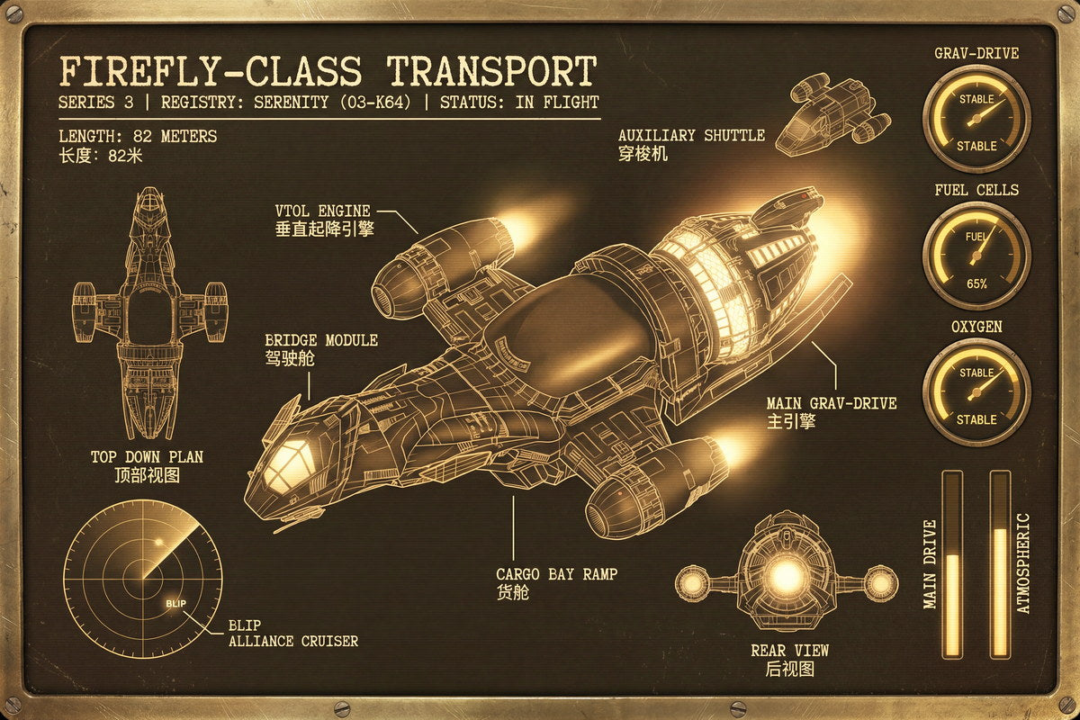 Serenity Firefly Class Transport | Sci-Fi TV Show Poster | Dark Schematic Blueprint - Movies & TV Poster
