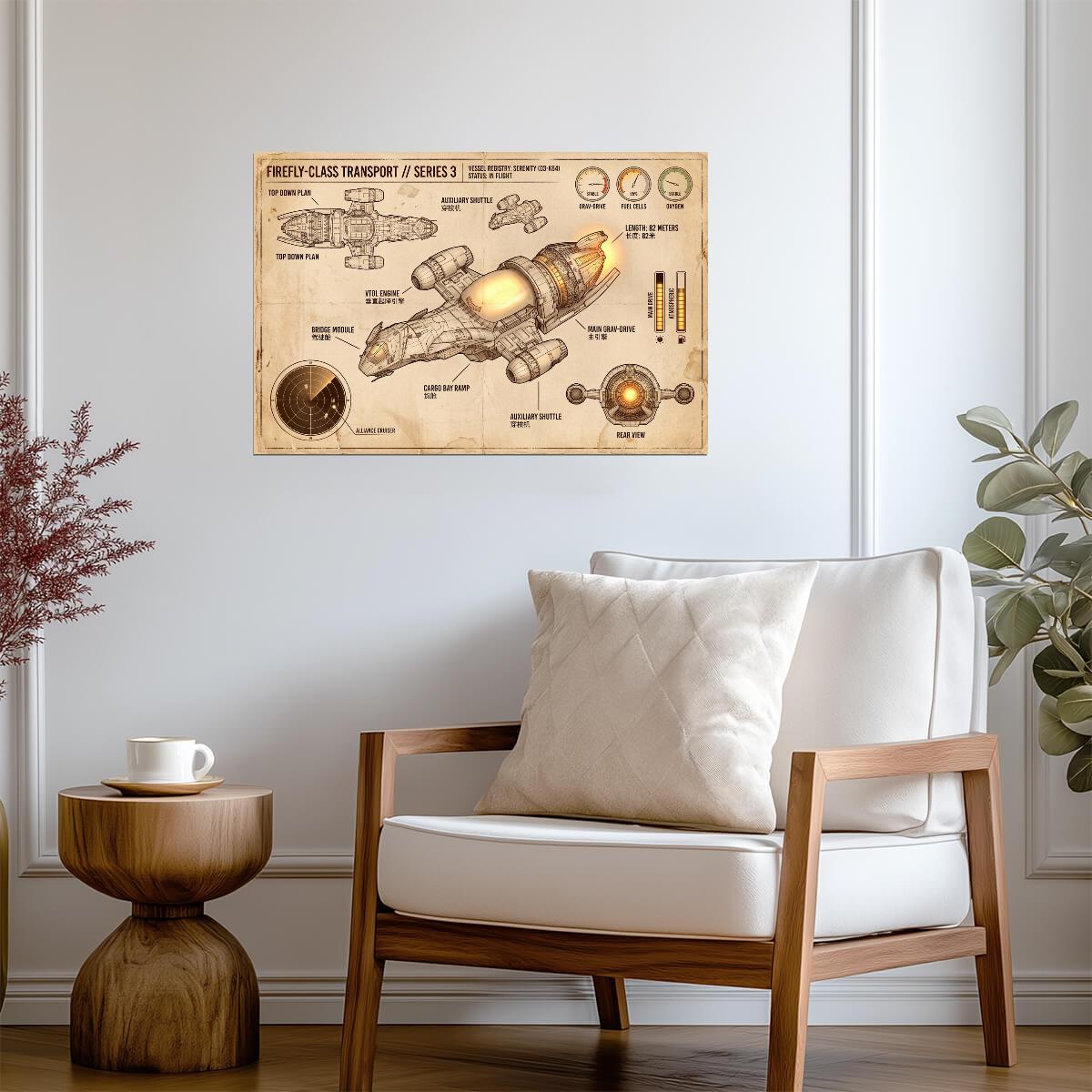 Serenity Ship Diagram | Firefly TV Show Poster | Vintage Style Blueprint - Movies & TV Poster
