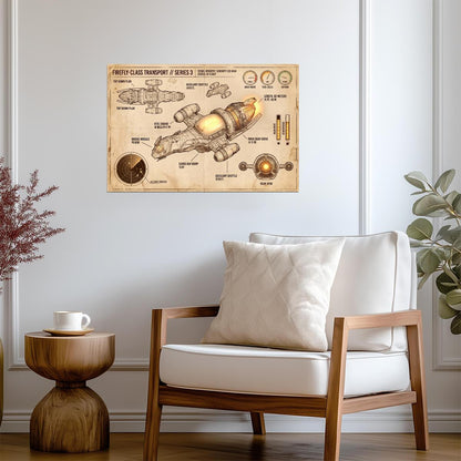 Serenity Ship Diagram | Firefly TV Show Poster | Vintage Style Blueprint - Movies & TV Poster