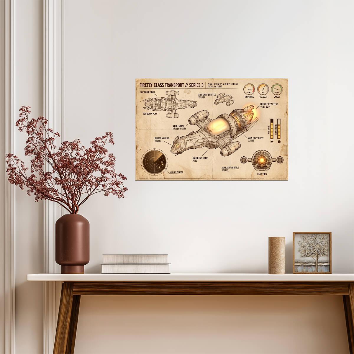 Serenity Ship Diagram | Firefly TV Show Poster | Vintage Style Blueprint - Movies & TV Poster