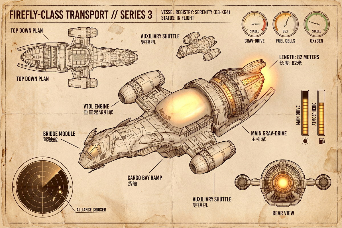Serenity Ship Diagram | Firefly TV Show Poster | Vintage Style Blueprint - Movies & TV Poster