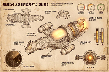Serenity Ship Diagram | Firefly TV Show Poster | Vintage Style Blueprint - Movies & TV Poster