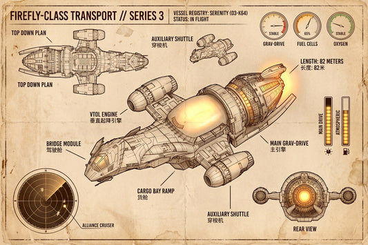 Serenity Ship Diagram | Firefly TV Show Poster | Vintage Style Blueprint - Movies & TV Poster