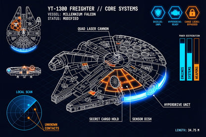 Millennium Falcon YT-1300 | Star Wars Poster | Tech Schematic Blueprint - Movies & TV Poster