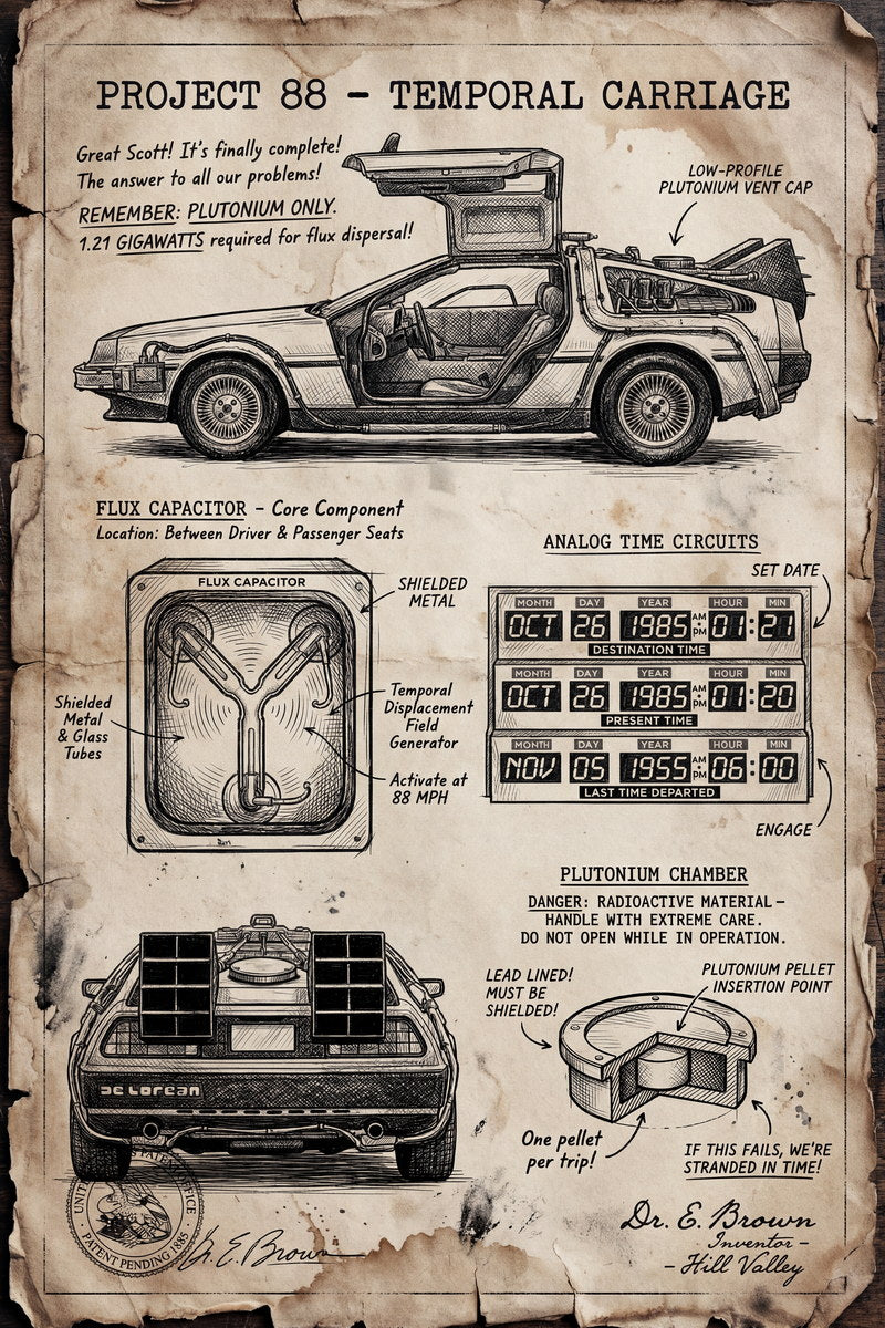 DeLorean Time Machine Project 88 | Back to the Future Poster | Vintage Parchment Blueprint - Movies & TV Poster