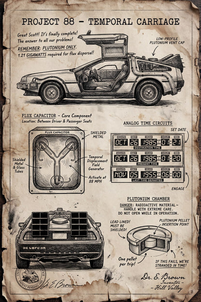 DeLorean Time Machine Project 88 | Back to the Future Poster | Vintage Parchment Blueprint - Movies & TV Poster