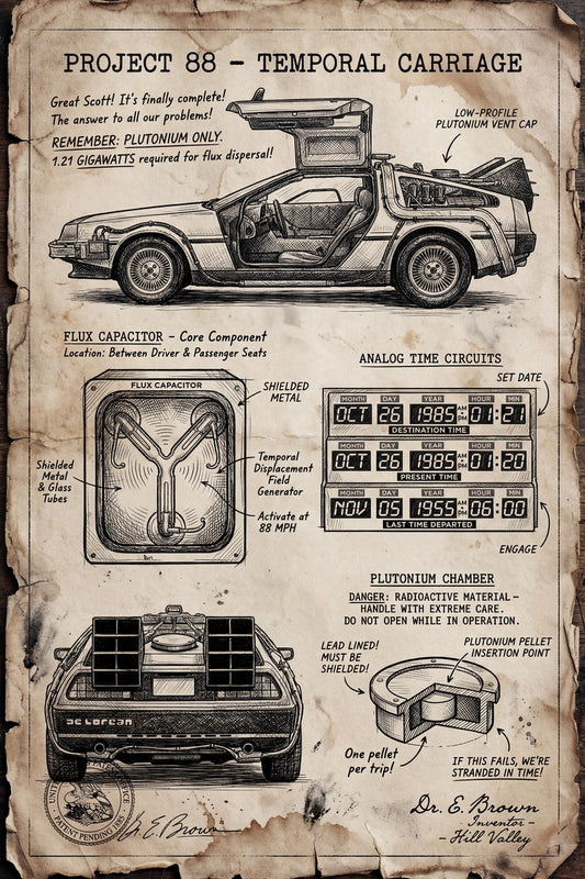 DeLorean Time Machine Project 88 | Back to the Future Poster | Vintage Parchment Blueprint - Movies & TV Poster