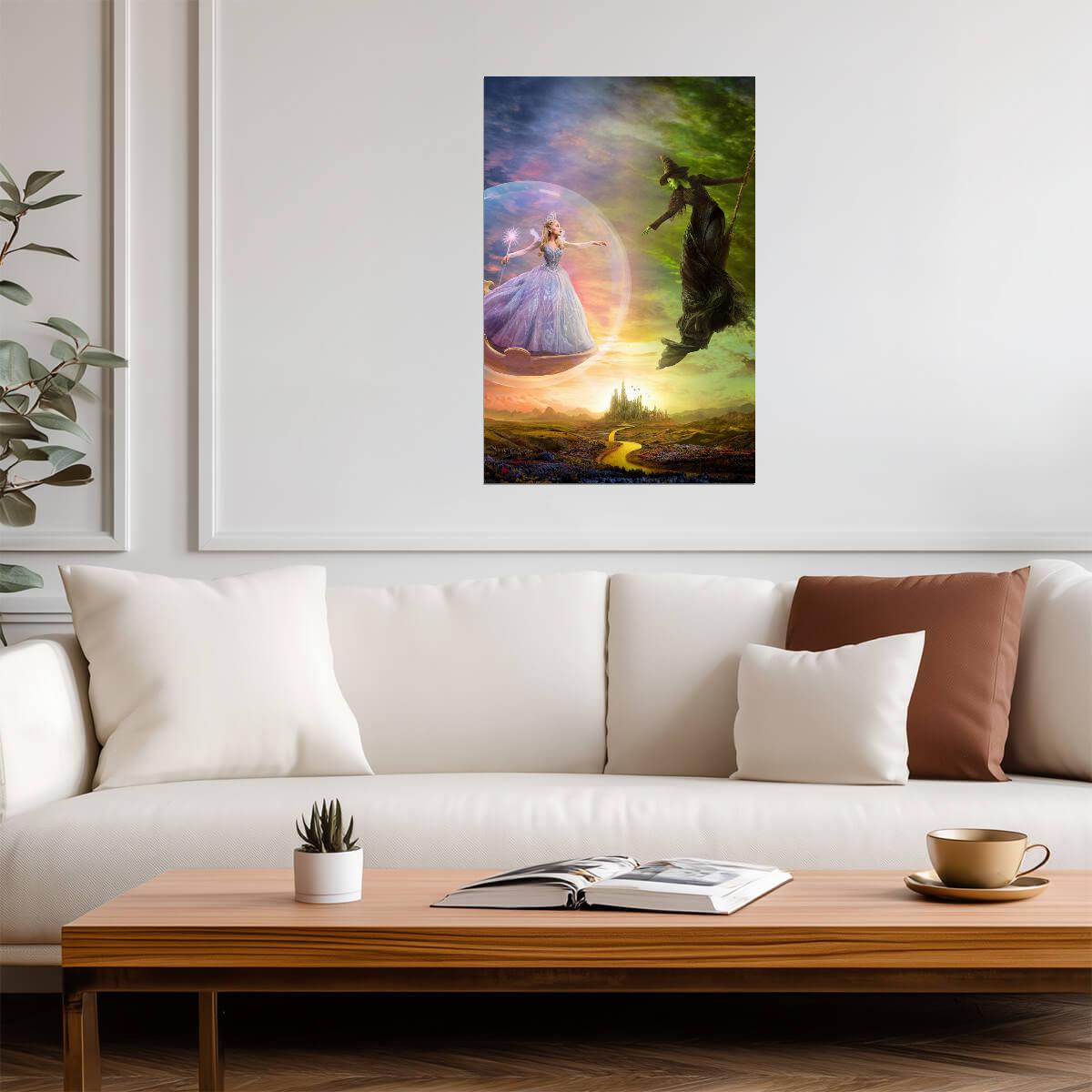 Wicked For Good Elphaba on Broom & Glinda in Bubble | Fantasy Landscape Poster | Musical Film Art - Movies & TV Poster
