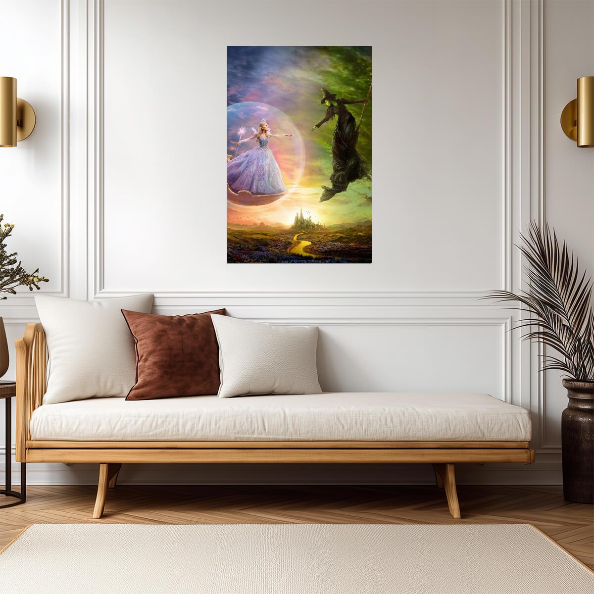 Wicked For Good Elphaba on Broom & Glinda in Bubble | Fantasy Landscape Poster | Musical Film Art - Movies & TV Poster