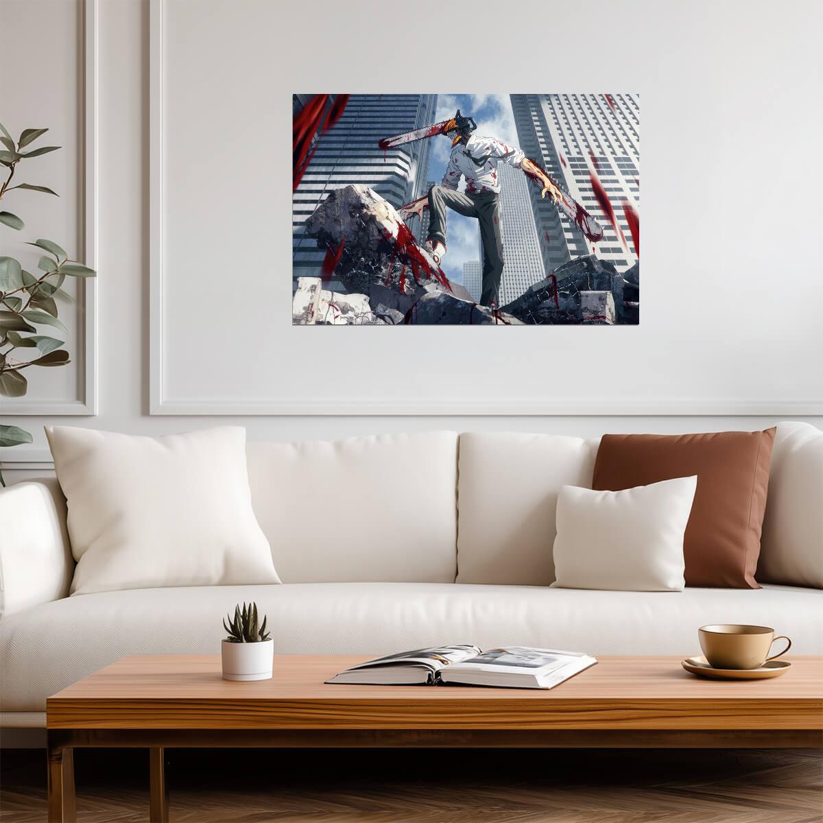 Chainsaw Man City Battle | Anime Poster | Urban Action Wall Art - Anime Poster