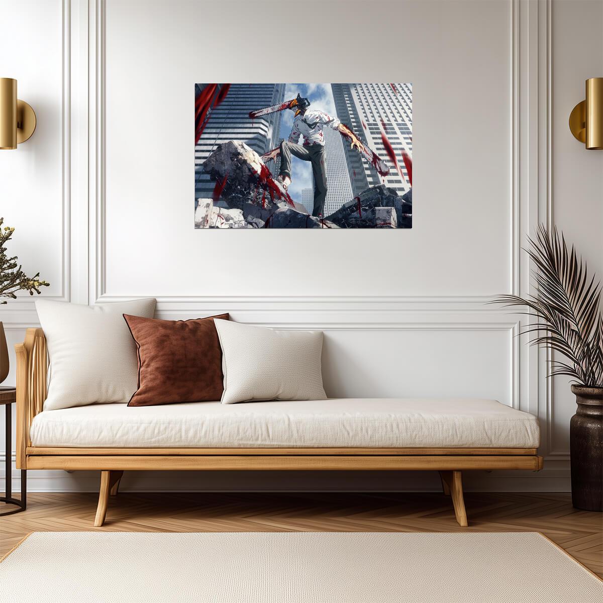 Chainsaw Man City Battle | Anime Poster | Urban Action Wall Art - Anime Poster