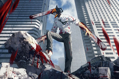 Chainsaw Man City Battle | Anime Poster | Urban Action Wall Art - Anime Poster