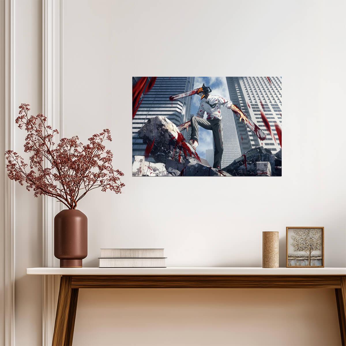 Chainsaw Man City Battle | Anime Poster | Urban Action Wall Art - Anime Poster