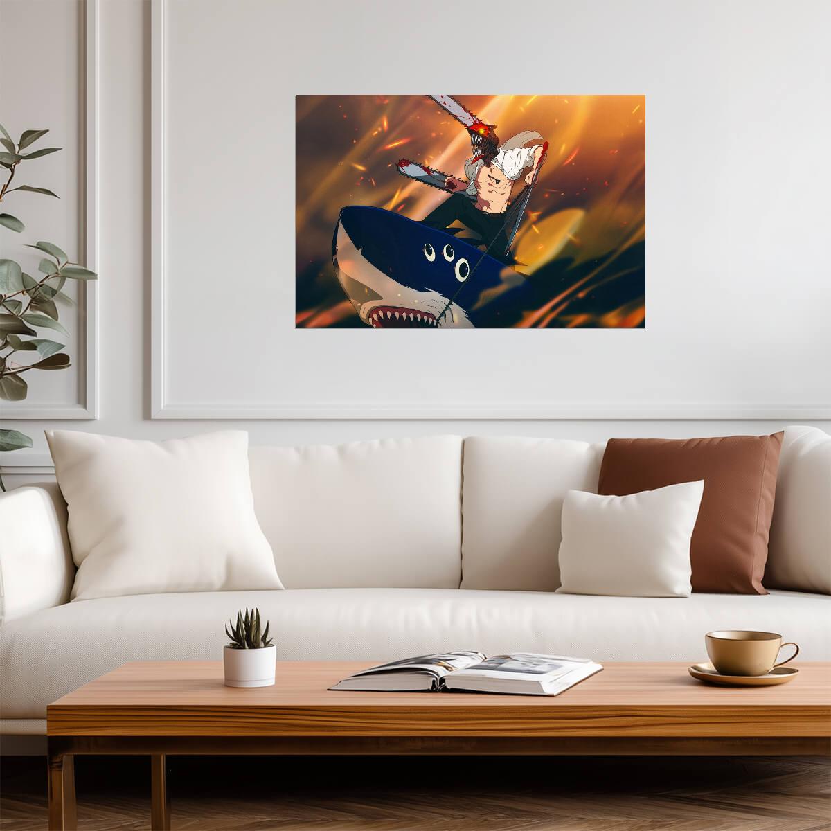 Chainsaw Man Shark Ride | Anime Poster | Action Manga Wall Art - Anime Poster