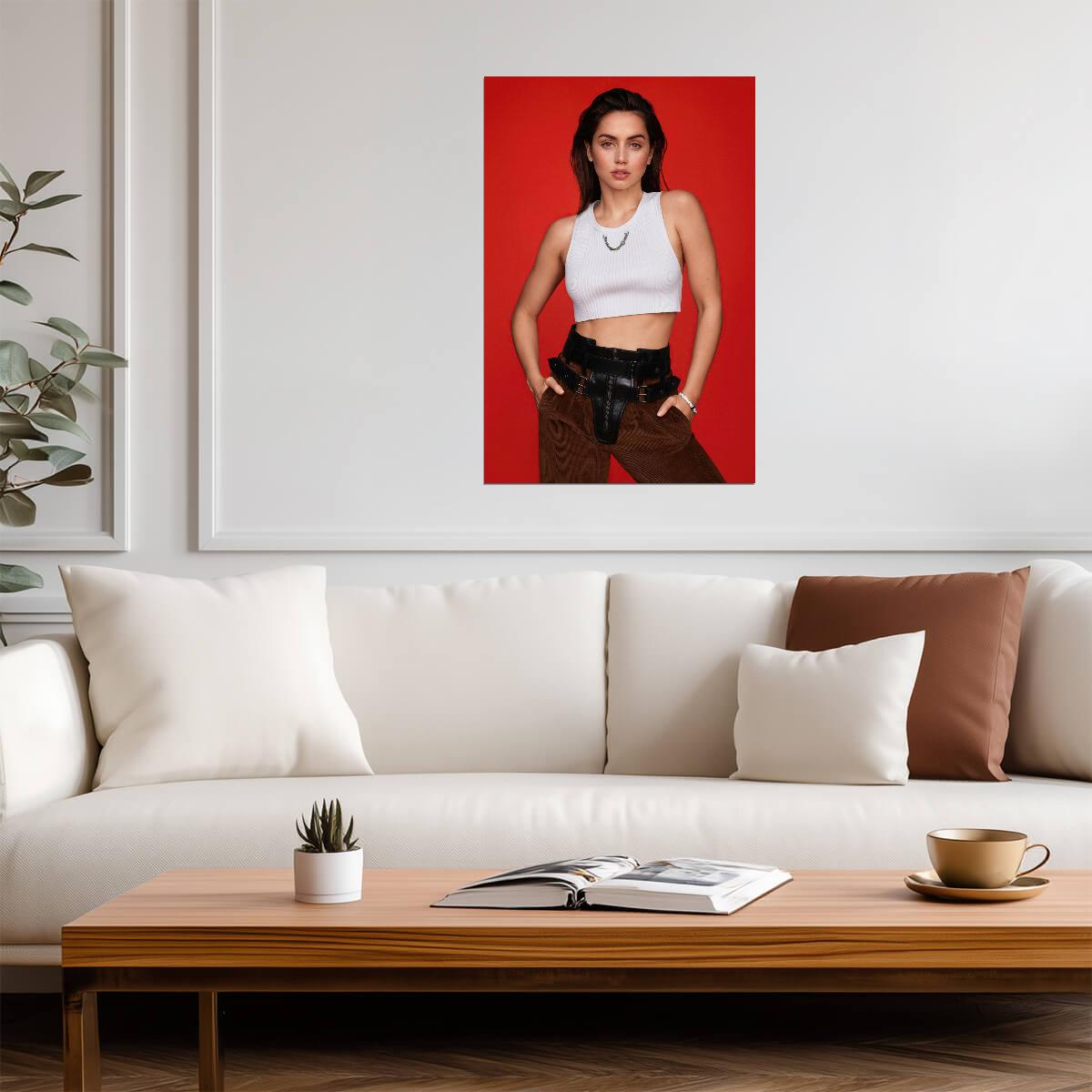 Ana De Armas in White Top and Dark Pants Poster | Red Background Print - Celebrities Poster