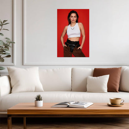 Ana De Armas in White Top and Dark Pants Poster | Red Background Print - Celebrities Poster