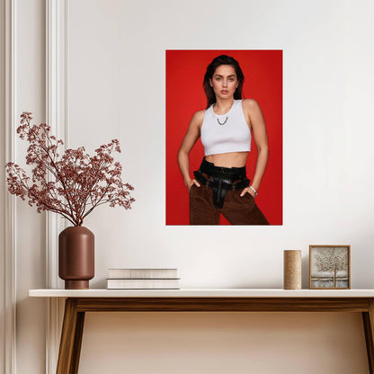 Ana De Armas in White Top and Dark Pants Poster | Red Background Print - Celebrities Poster