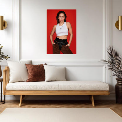 Ana De Armas in White Top and Dark Pants Poster | Red Background Print - Celebrities Poster