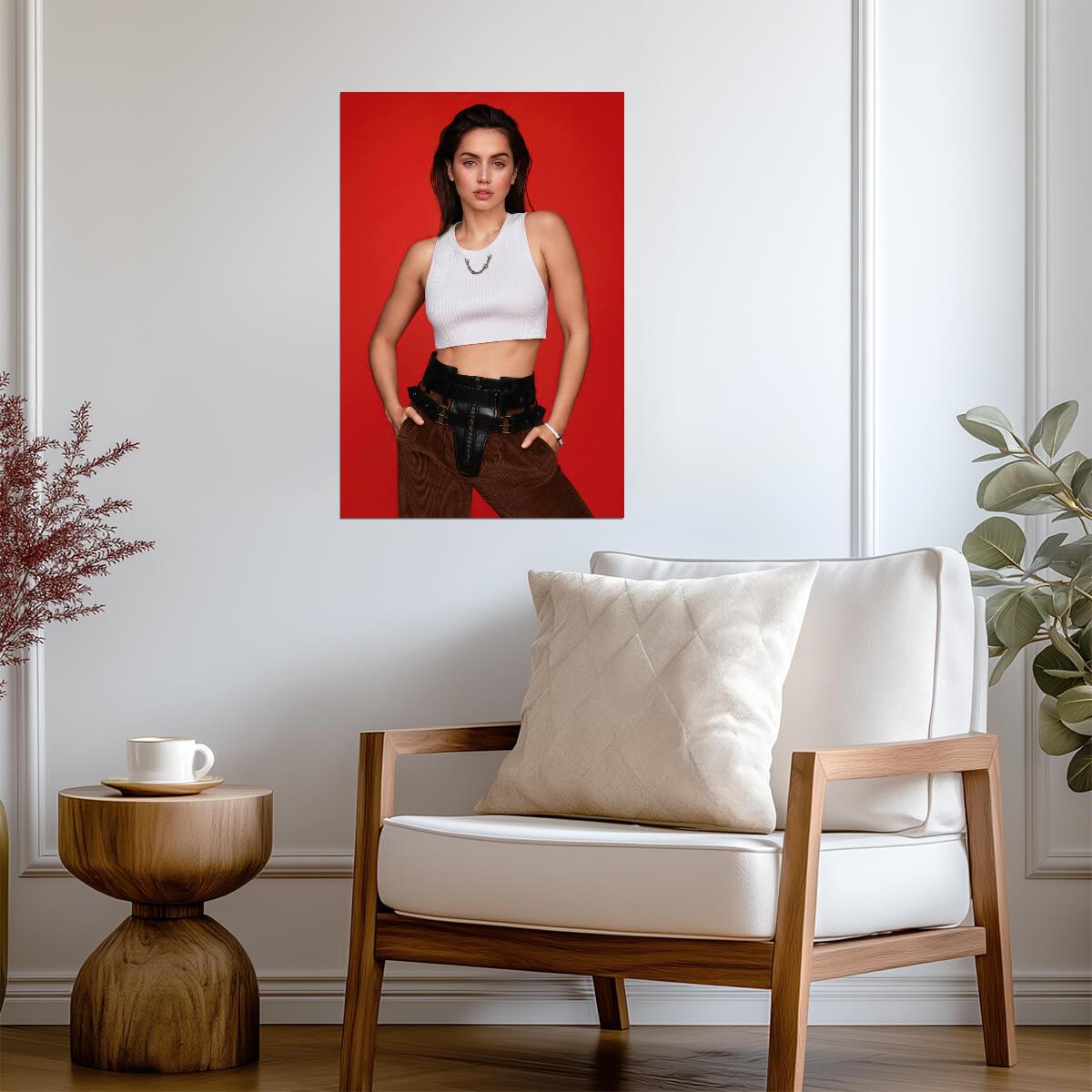 Ana De Armas in White Top and Dark Pants Poster | Red Background Print - Celebrities Poster