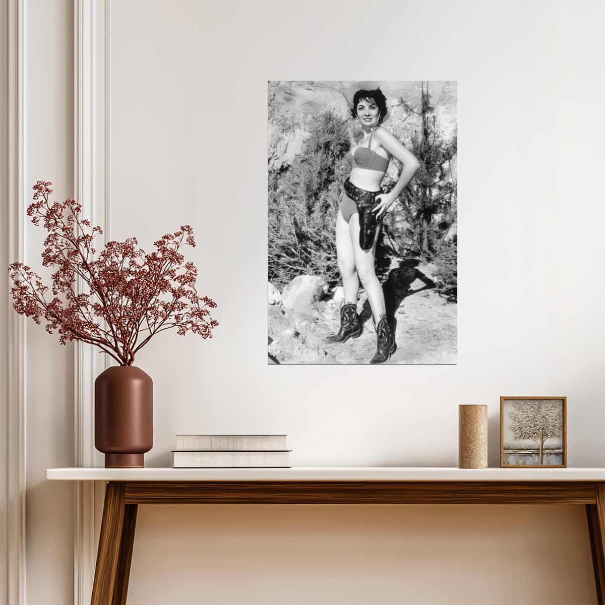 Gina Lollobrigida in Bikini and Cowboy Boots Poster | Black and White Print - Celebrities Poster