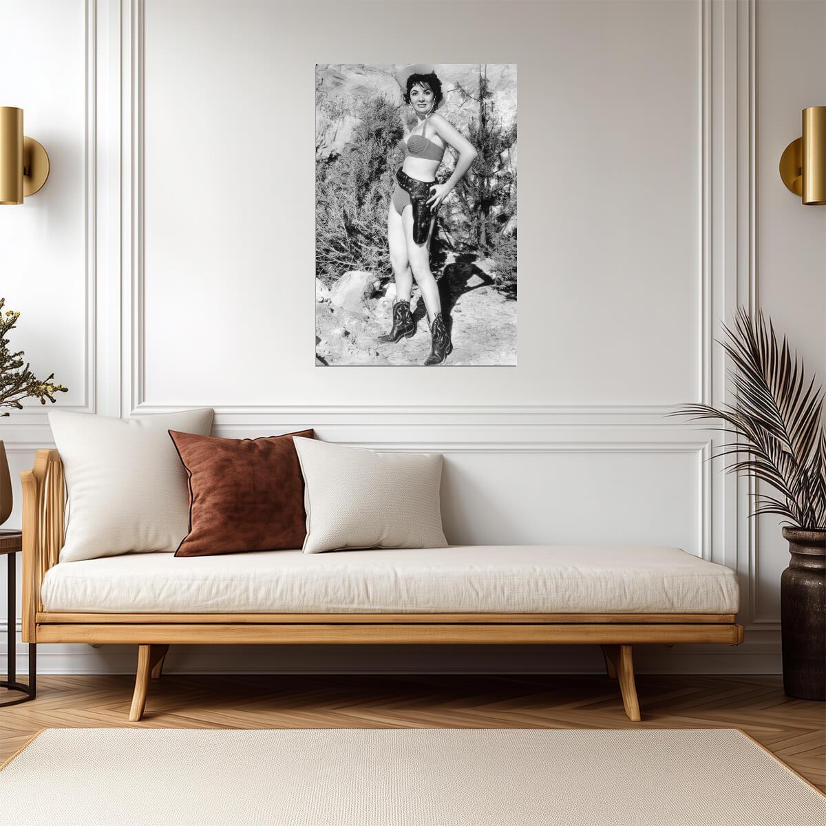 Gina Lollobrigida in Bikini and Cowboy Boots Poster | Black and White Print - Celebrities Poster