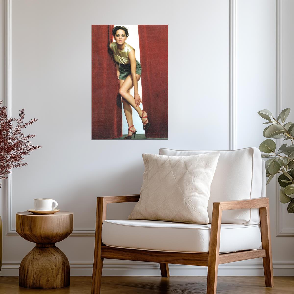 Marion Cotillard in Green Dress Poster | Red Background Wall Art Print - Celebrities Poster
