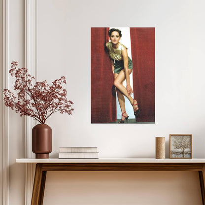 Marion Cotillard in Green Dress Poster | Red Background Wall Art Print - Celebrities Poster