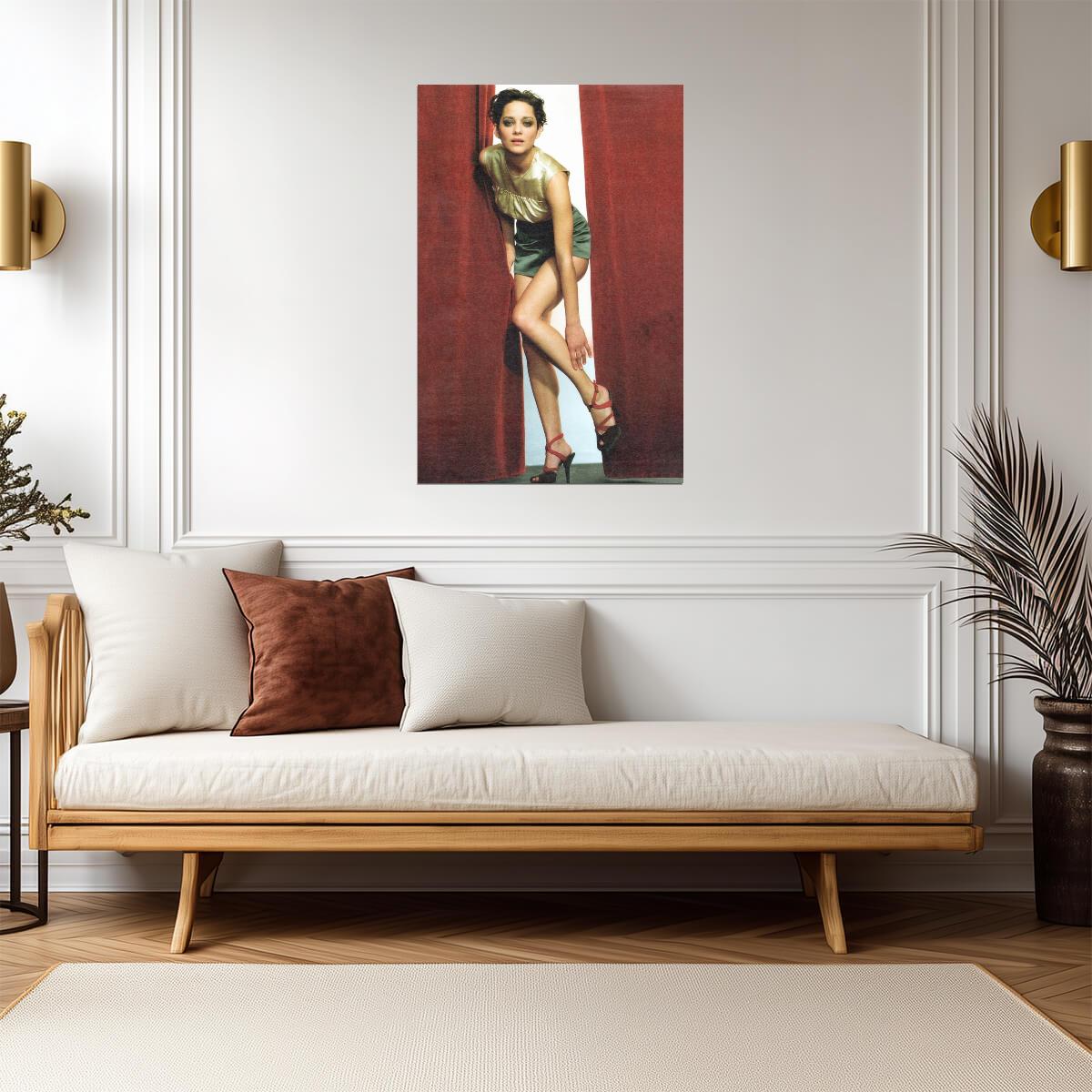 Marion Cotillard in Green Dress Poster | Red Background Wall Art Print - Celebrities Poster