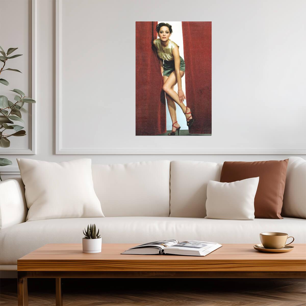 Marion Cotillard in Green Dress Poster | Red Background Wall Art Print - Celebrities Poster